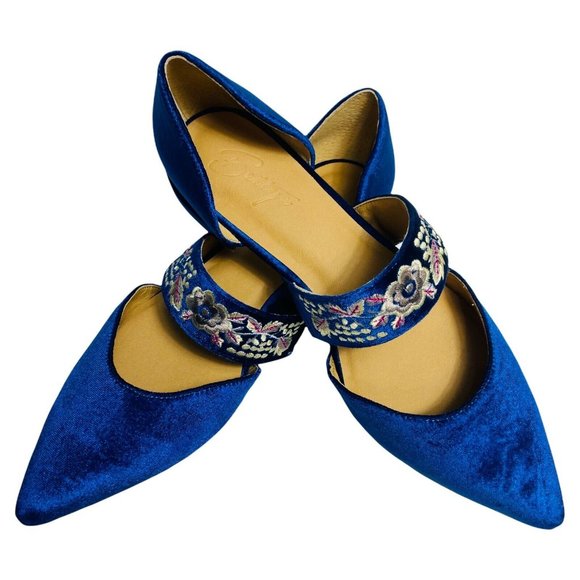 Anthropologie Bettye Muller 6.5 Blue Embroidered Floral Velvet Jamison Flats - Picture 2 of 7
